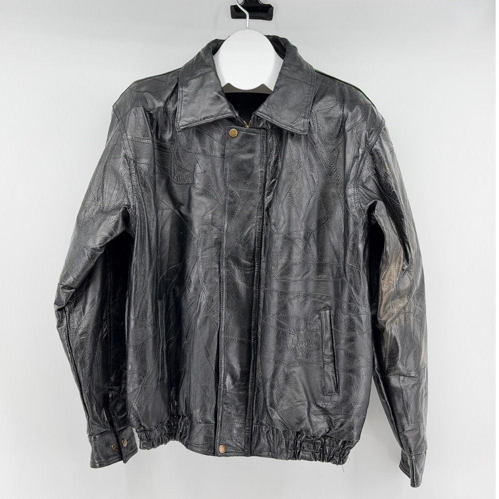 Vintage Roberto Amee Patchwork Leather Bomber Jacket Mens XL Black Zip Up Coat